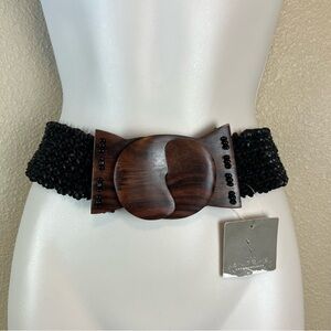 Anthropologie Black Woven Belt with Wooden Buckle